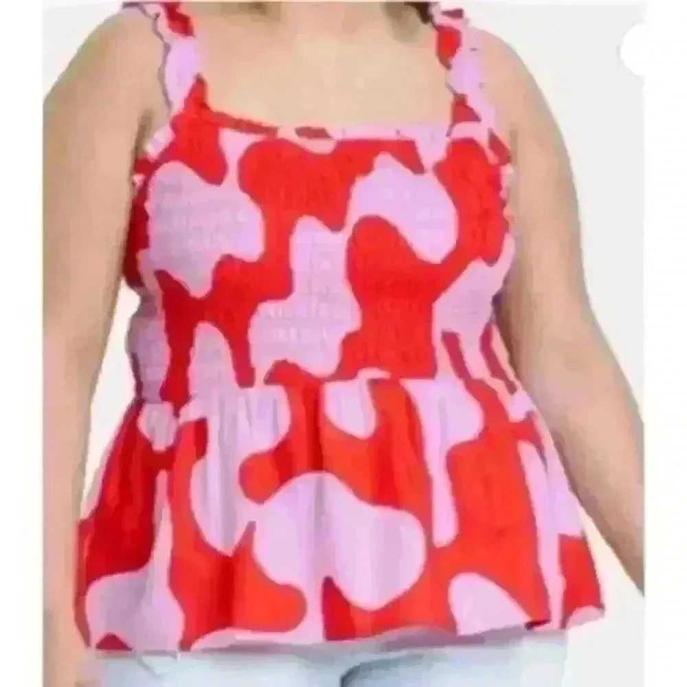 Ava & Viv Women's 3X Plus Size Smocked Peplum Red Abstract Tank Top
